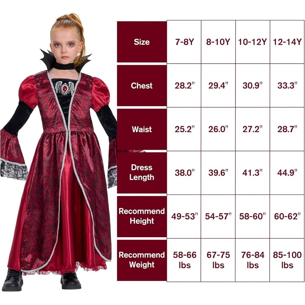 Girls Gothic Vampire Costume Dress Red Black Lace Halloween Size 10-12 Cosplay